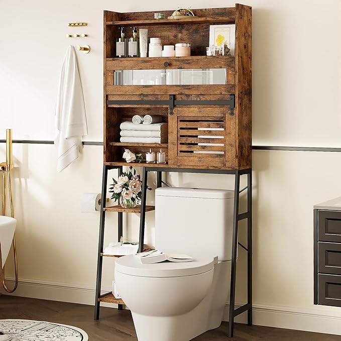 IRONCK Over The Toilet Storage Cabinet with Sliding Barn Door, 5-Tier Farmhouse Bathroom Organizer with Side Open Shelves, Freestanding Space Saver, Adjustable Shelf, Vintage Brown