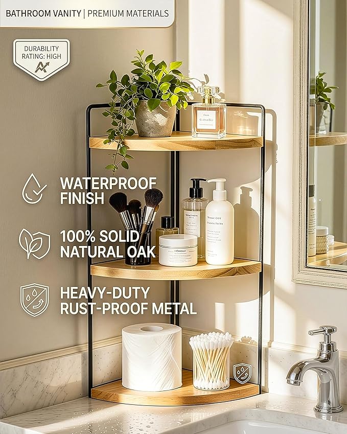 3-Tier Corner Bathroom Countertop Organizer, Solid Pine Wood Vanity Corner Shelf for Skincare & Makeup, Waterproof Standing Rack for Bathroom, Kitchen & Dresser, Large 15.7" H, Natural Wood