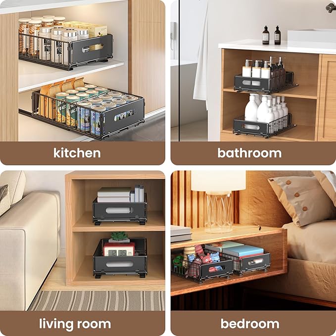 2 Pack Pull Out Cabinet Organizer, Heavy Duty Slide Out Pantry Drawers Shelves Storage With Strong Adhesive Strips and Handle for Kitchen, Bathroom, Living Room, Home (14.8"D X 9.6"W X 3.9"H)