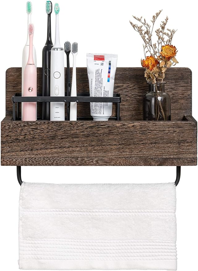 Dahey Wall Mounted Toothbrush Holder Wooden Electric Toothbrush Organizer Multifunctional Stand Towel Rack Toothpaste Dispensers Rustic Farmhouse Bathroom Decor
