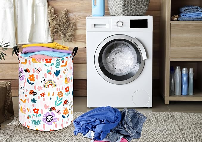 Round Ladybug Pattern Laundry Hamper Storage Basket Fabric Material Storage Hamper Organization Basket, Storage Bin, Gift Box with Handles for Room