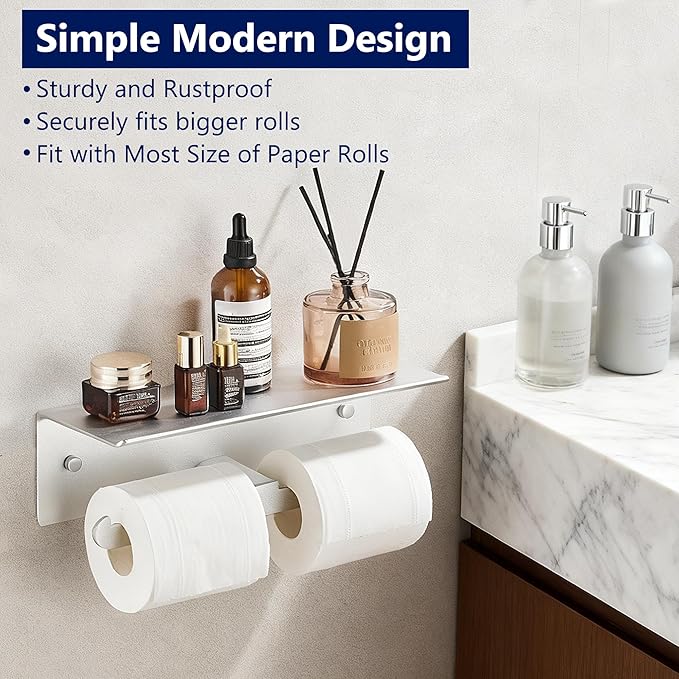 Toilet Paper Holder with Shelf, Adhesive Double Tissue Roll Holder Wall Mounted for Bathroom, Silver