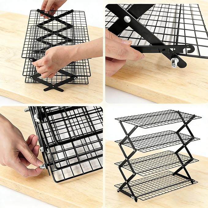 4-Tier Foldable Organizer Rack, Adjustable SpaceSaver for Kitchen Counter, Pantry, Bathroom, Multi-Purpose Storage & Display