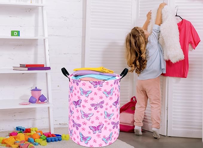 Round Butterfly Pattern Laundry Hamper Storage Basket Fabric Material Storage Hamper Organization Basket, Storage Bin, Gift Box with Handles for Room