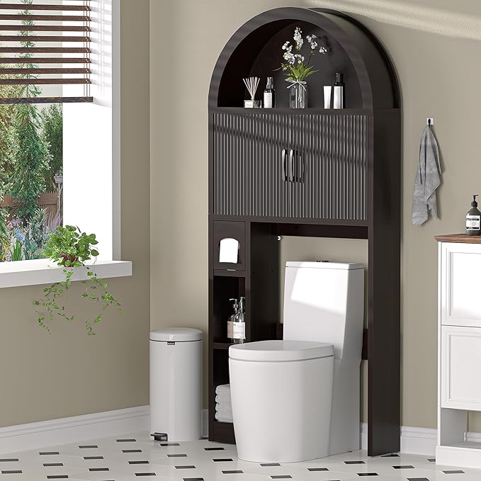 AHB Over The Toilet Storage Cabinet, Freestanding Bathroom Organizer with Adjustable Shelf and Anti-Tip Device, Arched Cabinet with Doors, Space-Saving Toilet Storage for Bathroom, Laundry, Mini Bar