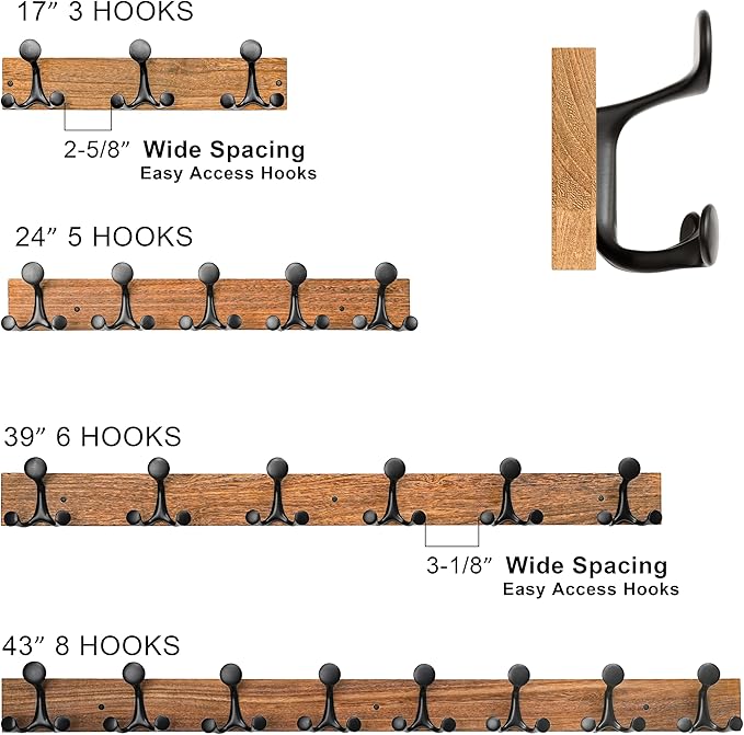 SKOLOO 24-Inch Wood Burnt Coat Rack Wall Mount with 5 Triple Hooks - Ideal for Family Entrances, Classrooms, and Pet Supplies Storage - Perfect Coat Hooks for Wall, Pack of 2