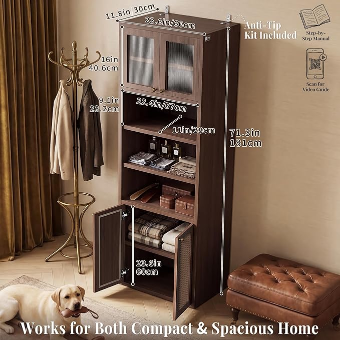 71.7" Tall Bathroom Storage Cabinet, Rattan Tall Freestanding Storage Cabinet with Doors, Adjustable Shelves and Anti-Tip Devices for Bathroom, Kitchen, Laundry Room, Walnut