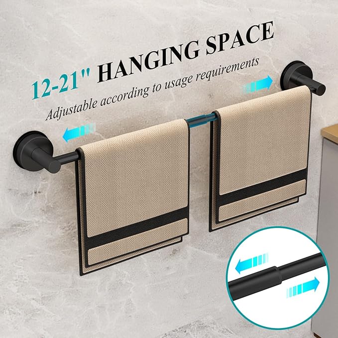 Towel Bar for Bathroom Wall,Adjustable 12~21 Inch Towel Racks for Bathroom Wall Mounted, Towel Holder for Glass Shower Door,Bathroom Accessories,Apparment Essentials,Home Decor-Black(2pcs)