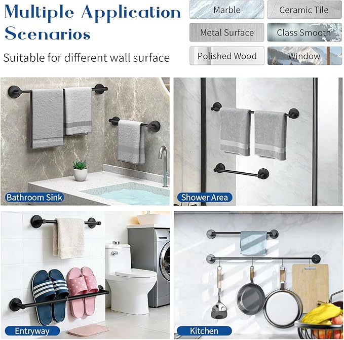 Adjustable Suction Cup Towel Bar for Bathroom Wall, 14.6–24 Inches Black Towel Bar, Stainless Steel Bath Towel Holder, Towel Racks for Bathroom Shower (Matte Black, 2 Pack)