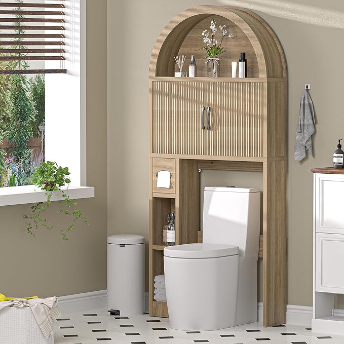 AHB Over The Toilet Storage Cabinet, Freestanding Bathroom Organizer with Adjustable Shelf and Anti-Tip Device, Arched Cabinet with Doors, Space-Saving Toilet Storage for Bathroom, Laundry, Mini Bar