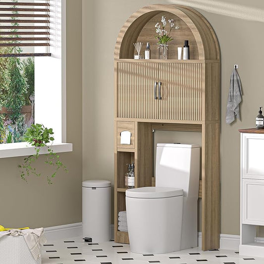 AHB Over The Toilet Storage Cabinet, Freestanding Bathroom Organizer with Adjustable Shelf and Anti-Tip Device, Arched Cabinet with Doors, Space-Saving Toilet Storage for Bathroom, Laundry, Mini Bar