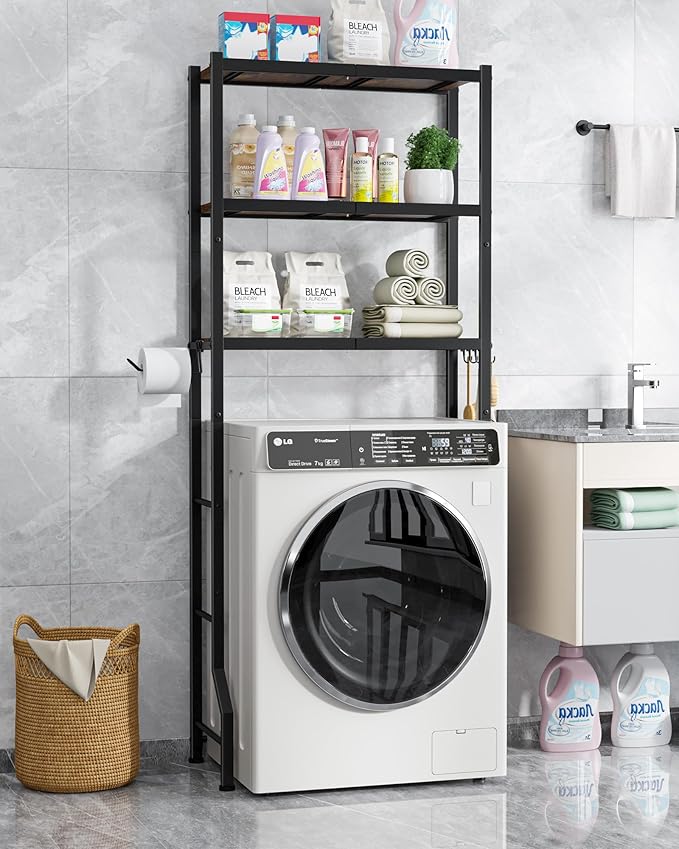Kitsure Over The Toilet Storage Rack - Freestanding Over the Toilet Storage Cabinet with Paper Holder & Hooks, Bathroom Organizers and Storage, Brown + Black, 3 Tiers (60.2" H)
