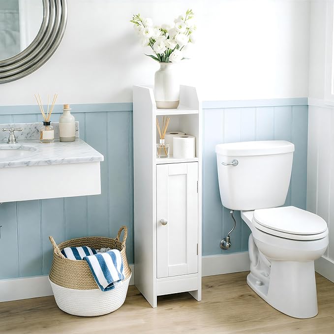 SUPER DEAL Small Bathroom Storage Corner Cabinet, Narrow Floor Bathroom Toilet Paper Storage Organizer with Adjustable Shelves for Small Spaces, White