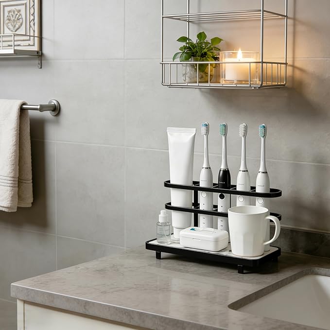 Electric Toothbrush Holders for Bathrooms, Bathroom Counter Organizer with Quick Dry Diatomaceous Earth Mat, 5 Slots Toothbrush and Toothpaste Holder Black, for Bathroom Sink Organizer Countertop