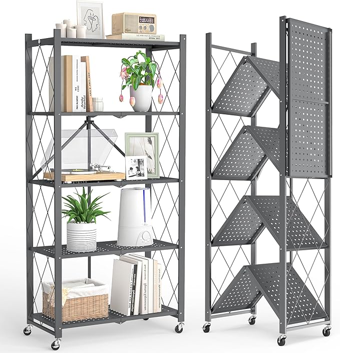 Folding Metal Storage Shelf 5 Tier with Wheels Heavy Duty Utility Rack Foldable Design 750lbs Capacity Adjustable Standing Shelf Organizer for Kitchen Garage Living Room(Gray-A, 5-Tier)