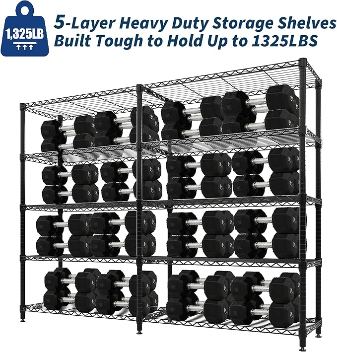 70" H 5-Tier Metal Storage Rack, Heavy Duty Wire Shelving Unit with Adjustable Shelves, 1325 Lbs Capacity for Kitchen, Pantry, Bedroom, or Corner Organization