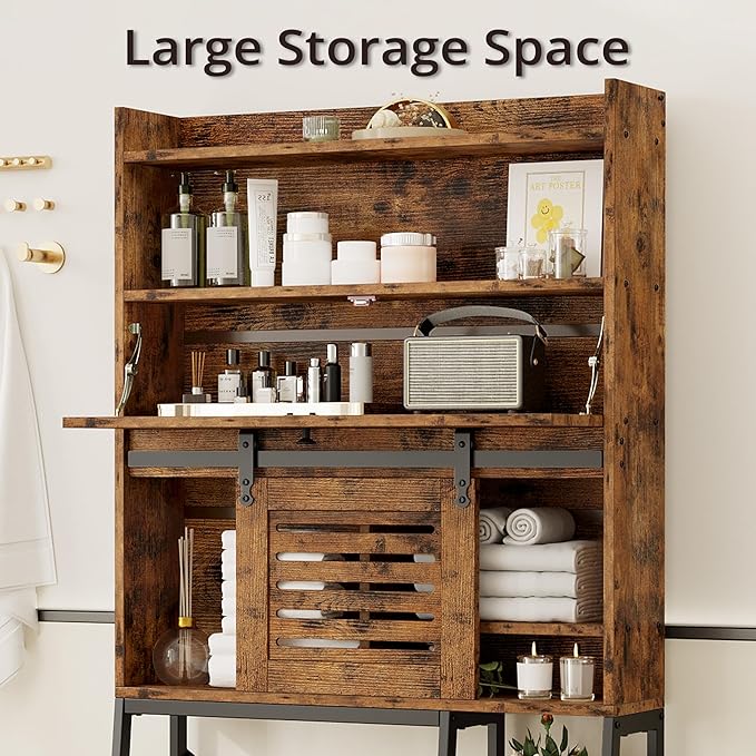 IRONCK Over The Toilet Storage Cabinet with Sliding Barn Door, 5-Tier Farmhouse Bathroom Organizer with Side Open Shelves, Freestanding Space Saver, Adjustable Shelf, Vintage Brown