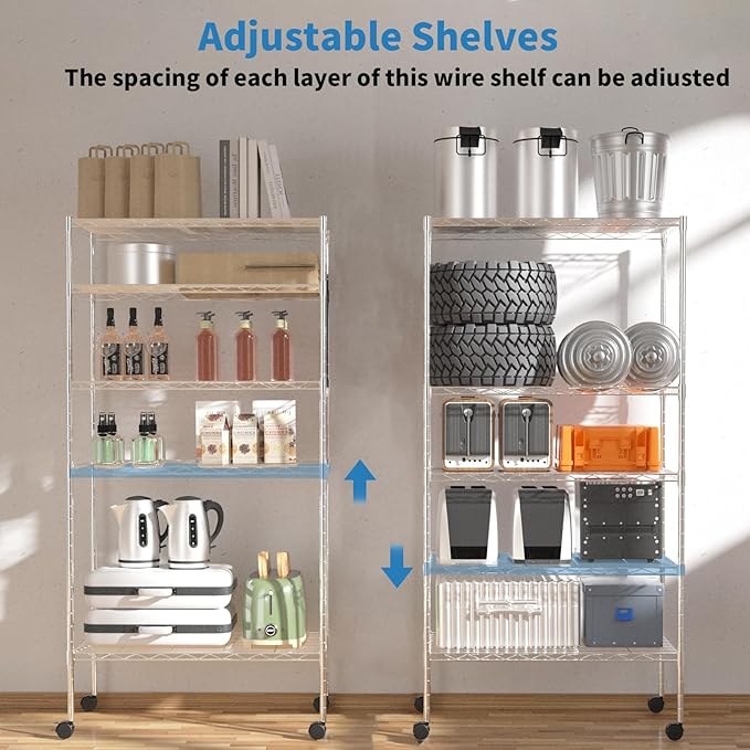 5-Tier Heavy Duty Storage Shelving Unit, Metal Shelves for Garage, Pantry, Kitchen Organization – Adjustable Wire Rack Shelf Organizer, 60"x30"x14", 1250lbs, Chrome