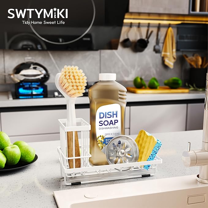 SWTYMIKI Sink Caddy Sponge Holder - Kitchen Sink Organizer with High Brush Holder for Countertop to Hold Dish Soaps and Sponges, Stainless Steel, White