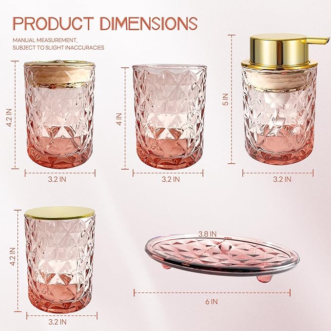 5PCS Bathroom Accessory Set,Brown Bathroom Countertop Organizer Set with Soap Dispenser, Toothbrush Holder, Tumbler, Q-tip Holder & Soap Dish,Elegant Functional Glass Set, Gift for Home & Apartment