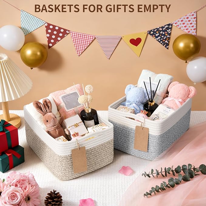 Goodpick 4 Pack Storage Baskets for Shelves, Rectangle Cotton Rope Baskets for Organizing, Woven Storage Basket for Baby Toys Diapers, Decorative Shelf Basket for Gifts, 13''L x 8''W x 6''H