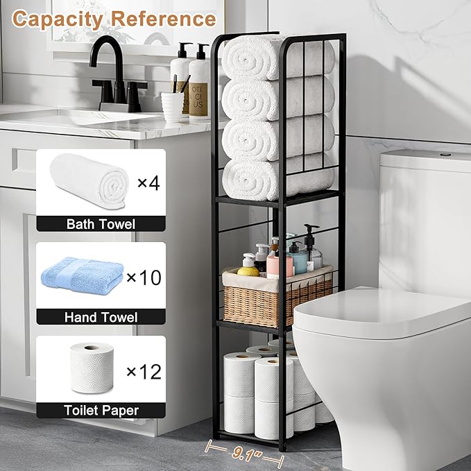 KIMBORA Narrow Towel Storage for Bathroom, 3-Tier Free Standing Bathroom Towel Organizer with Shelf for Small Bath, Pool, Black