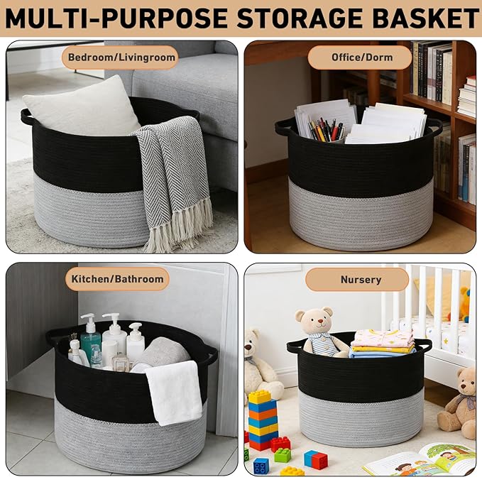 115L Large Blanket Basket,Woven Rope Laundry Basket Hamper with Handles, Decorative Nursery Basket Storage Bin for Toys, Clothes Organizer, Living Room, Bedroom, Bathroom, Black&Light Grey