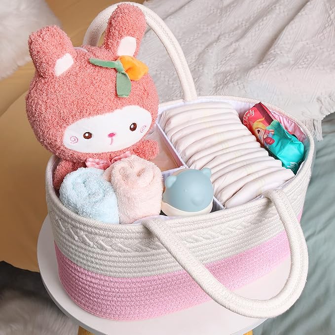 ABenkle Diaper Caddy Organizer, Boho Rustic Cotton Rope Nursery Baby Basket, Changing Table Organizer for Baby Diaper Storage and Baby Shower