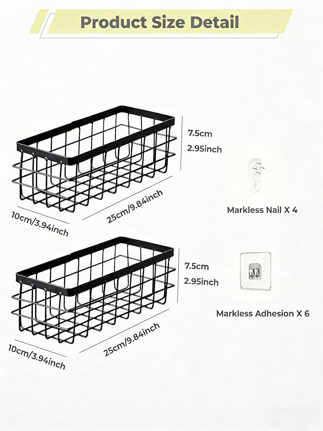 Hanging Wire Storage Baskets, Metal Small Wire Wall Organizer, Adhesive Wall Storage Shelves for Kitchen, Bathroom Pantry (Spice Rack, Cabinet Organizer, Shower Caddy) Black-2 Packs