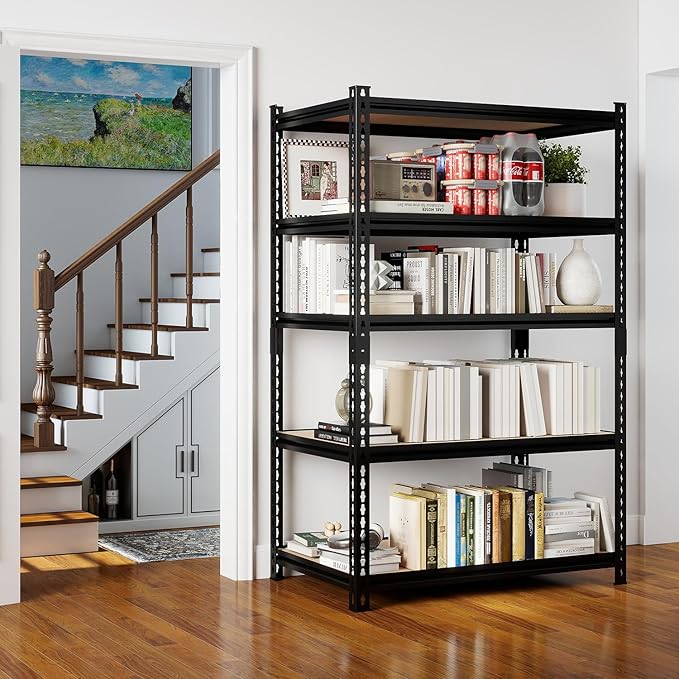 5-Tier Metal Storage Shelves, Adjustable Shelving Units, Boltless Assembly, Black, 27.88 x 11.88 x 60 Inch, for Warehouse Garage Shed Basement (60H*27.98W*11.98D)