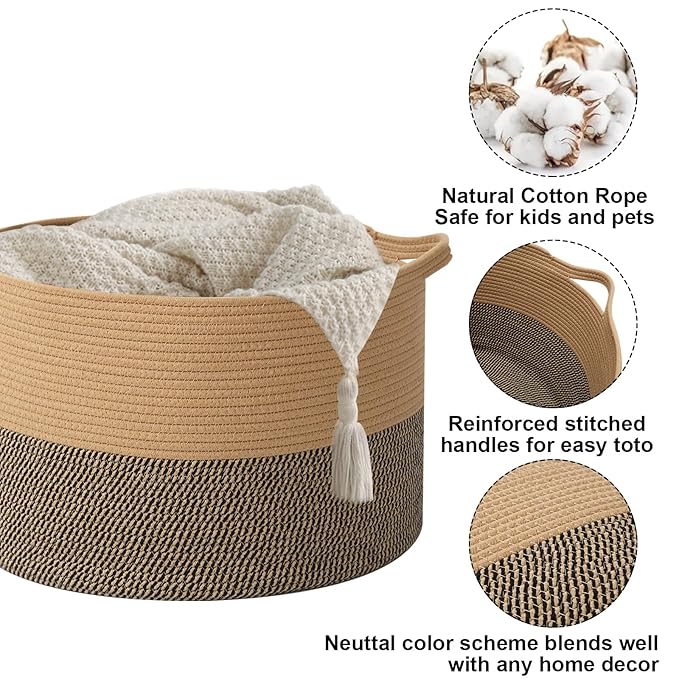 115L Extra Large Blanket Basket,Woven Rope Laundry Basket Hamper with Handles, Decorative Nursery Basket Storage Bin for Toys, Clothes Organizer, Living Room, Bedroom, Bathroom, Jute&Black