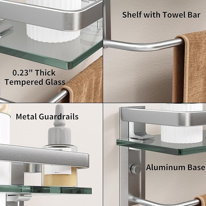 Danpoo Bathroom Shelves Wall Mounted, Clear Tempered Glass Shelf with Towel Bar, Hand Towel Holder(Matte Silver)