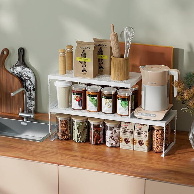 Jojocross Adjustable Stackable Metal Storage Shelf Organizer - Expandable Wire Rack with Perforations for Kitchen, Pantry, Bathroom, Cabinet & Office-Compact, Durable & Sturdy (3PACKS/Large/White)