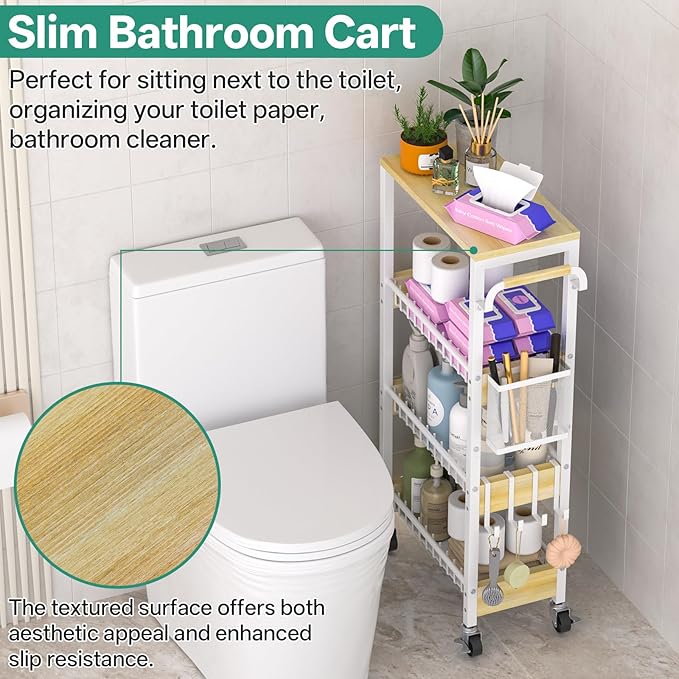 DTUQYX Slim Bathroom Storage Cart, 4 Tier Small Rolling Organizer Cabinet with Wood Top Handle, Mobile Shelving Unit Slide Out for Office, Kitchen, Laundry Room & Narrow Places (9.1" Overall Width)