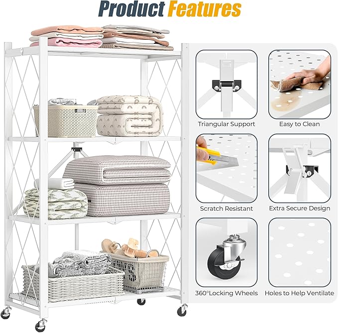Foldable Metal Storage Shelf with Wheels 4 Tier Heavy Duty Utility Rack 750lbs Capacity Easy Assembly Portable Black Shelving Unit for Kitchen Garage Living Room Office(White-A, 4-Tier)