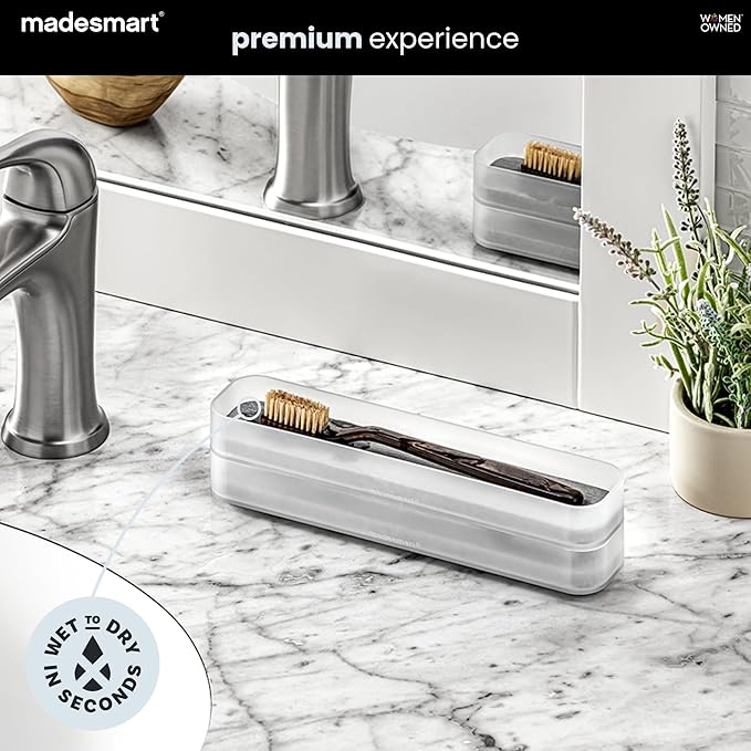 madesmart Toothbrush Tray with Drying Stone, Fast-Dry Counter Organizer for Toothbrushes, Razors, Toothpaste & Bathroom Counter Essentials, Grooming Tools & Daily Bath Items, Frost