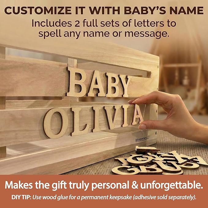 Wooden Baby Shower Crate Closet & Basket with Hanger Rack - Customizable Gift Basket with 2X Alphabet Letter Sets, Eucalyptus, 5 Hangers, Dividers, Nursery Decor Girls Boys (Natural Wood)