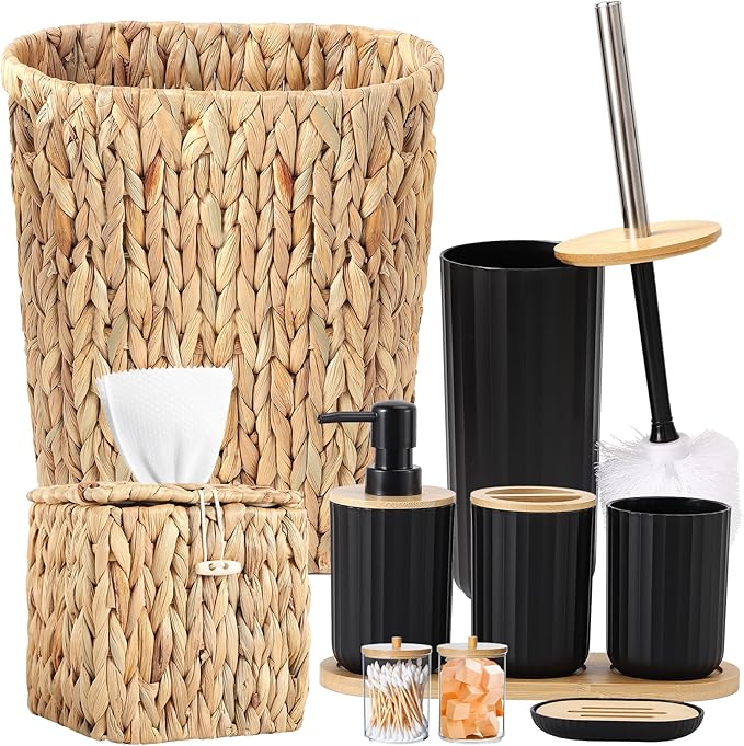 Bathroom Accessory Set, 10 Pieces Bath Set- Wicker Trash Can Tissue Box Soap Dish Toothbrush Holder Rinse Cup Lotion Bottle Toilet Brush Qtip Holder - Practical Bathroom Decor Sets (Ratten Black)