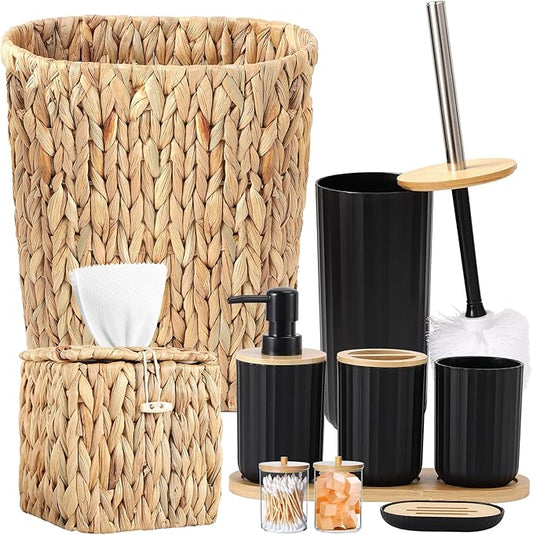 Bathroom Accessory Set, 10 Pieces Bath Set- Wicker Trash Can Tissue Box Soap Dish Toothbrush Holder Rinse Cup Lotion Bottle Toilet Brush Qtip Holder - Practical Bathroom Decor Sets (Ratten Black)