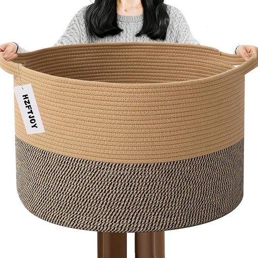 115L Extra Large Blanket Basket,Woven Rope Laundry Basket Hamper with Handles, Decorative Nursery Basket Storage Bin for Toys, Clothes Organizer, Living Room, Bedroom, Bathroom, Jute&Black