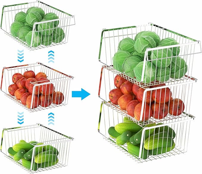 Wire Storage Baskets Stackable Large Metal Storage Organization, Pantry Storage Organizing Household Wire Baskets with Handles for Kitchen, Pantry, Bathroom, Cabinets, Bedrooms, Set of 2