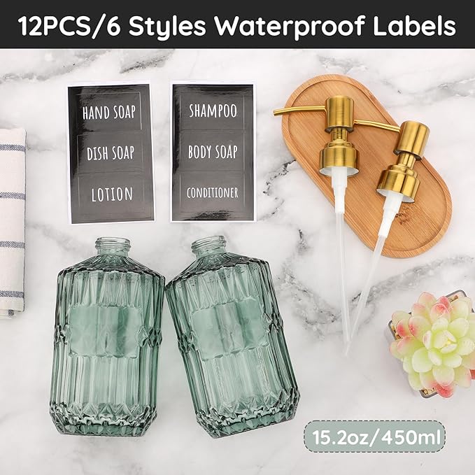 Segbeauty 15.2oz Glass Shampoo and Conditioner Dispenser with Label Stickers, 2pcs Green Glass Soap Dispensers with Stainless Steel Pump, 450ml Lotion Pump Bottle Liquid Containers for Cream Body Wash