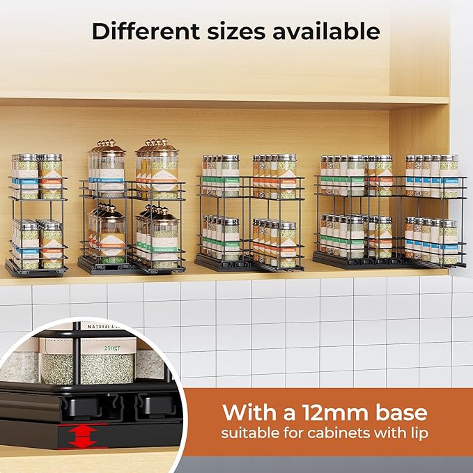 Mystozer Pull Out Spice Rack Organizer for Cabinet, Slide Out Spice Racks, Easy to Install Spice Cabinet Organizers, 5.28" Wx10.43 Dx8.26 H, 2 Drawers 2 Tiers(Silver)