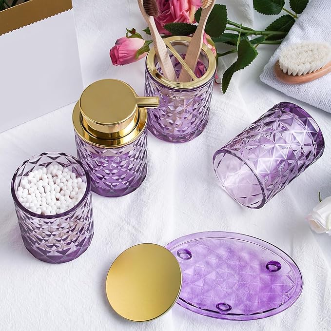 5PCS Bathroom Accessory Set,Purple Bathroom Countertop Organizer Set with Soap Dispenser, Toothbrush Holder, Tumbler, Q-tip Holder & Soap Dish,Elegant Functional Glass Set, Gift for Home & Apartment