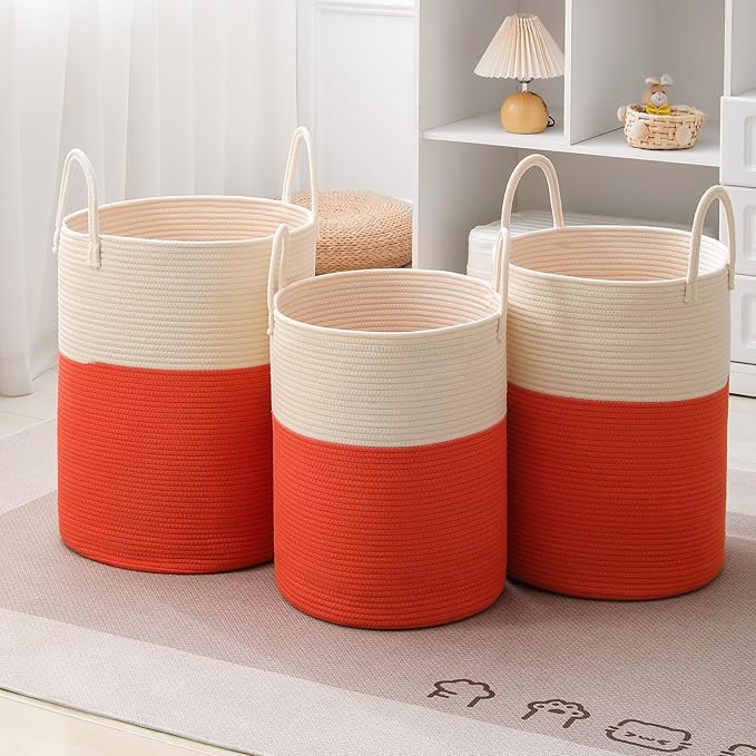 Woven Laundry Hamper Tall Rope Storage Basket for Blanket oys Dirty Clothes in Living Room Bathroom Bedroom (White&Orange, 80L/21.3Gal)
