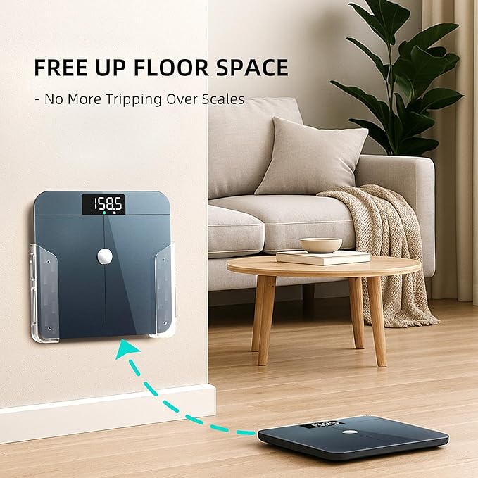 ELETIUO Wall-Mounted Scale Holder with Adhesive &Screws -Fits Most Digital Scales (Up to 1.2"/30mm Thick),Anti-Slip Silicone Pads,Space-Saving Bathroom/Bedroom Organizer-Easy to Install, Clear
