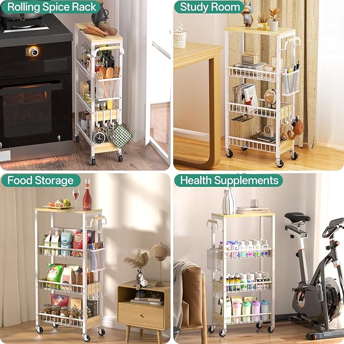DTUQYX Slim Bathroom Storage Cart, 4 Tier Small Rolling Organizer Cabinet with Wood Top Handle, Mobile Shelving Unit Slide Out for Office, Kitchen, Laundry Room & Narrow Places (9.1" Overall Width)