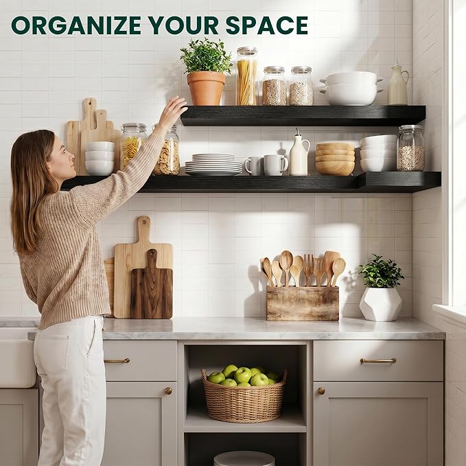 Floating Shelves for Wall 48 in x 9.3 in Deep, Wall Mounted Rustic Wood Shelf with Invisible Brackets for Storage & Display, Living Room Bedroom Bathroom, Black, 2 Pack