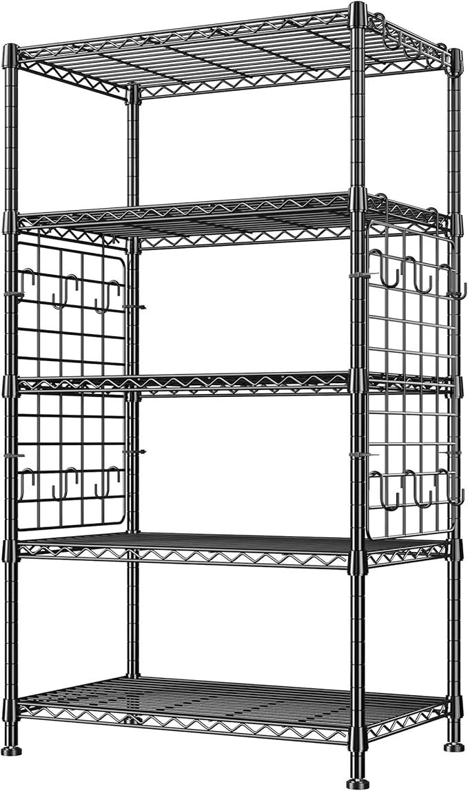 DurayLoly Storage Shelves with Hooks, Metal Shelving 5 Tier Adjustable, 2 Side Panels, Shelving Unit Easy Assemble, Storage Rack 530LBS, Wire Shelving for Kitchen, Pantry, 29.5" W x 11.8" D x 59.1" H