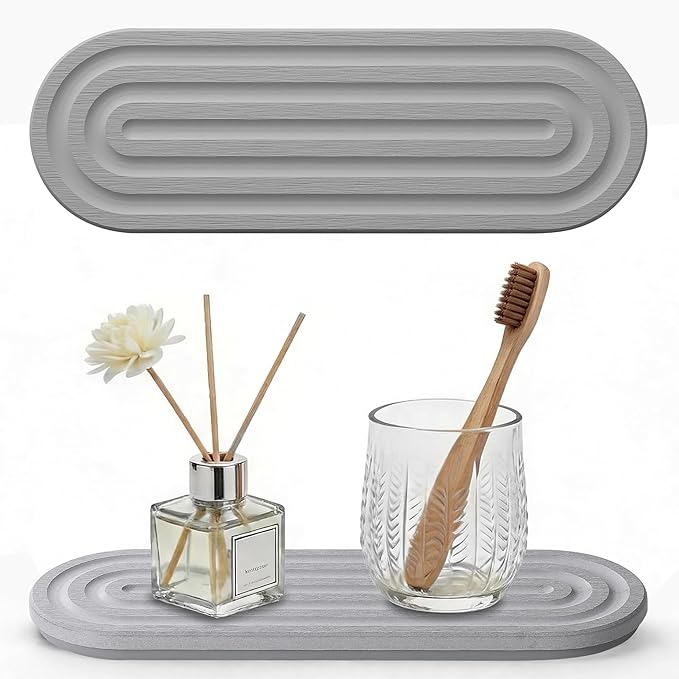 JUKER Premium Diatomaceous Earth Tray Coasters 12" x 4", Quick Dry Absorbent Stone Mat with Non-Slip Silicone Base, Bathroom Sink Caddy, Kitchen Soap Holder, Vanity Organizer, Gray